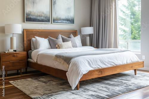 Modern bedroom, warm tones, wooden furniture.
