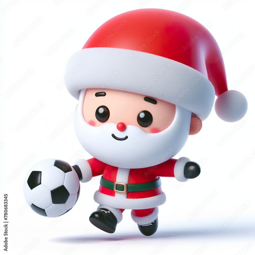 Cute character 3D image of a cute Santa playing football, funny, happy, smile, white background