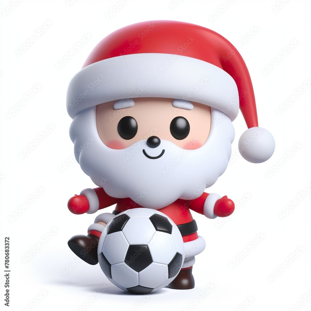 Cute character 3D image of a cute Santa playing football, funny, happy, smile, white background