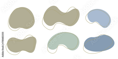 Set of organic irregular blob shapes with stroke line. Blue gray random deform spot fluid circle Isolated on white background Organic amoeba Doodle elements. Abstract rounded forms Vector illustration