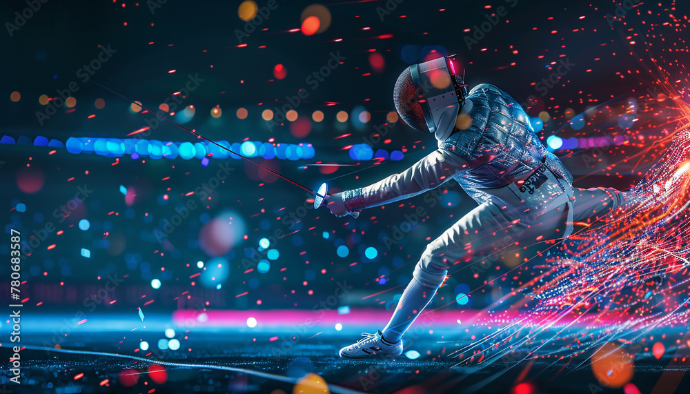 A captivating digital illustration of a fencer in action, surrounded by vibrant lights. The fencer, dressed in protective gear, lunges forward with a foil, creating dynamic motion trails. A captivating digital illustration of a fencer in action, surrounded by vibrant lights. The fencer, dressed in protective gear, lunges forward with a foil, creating dynamic motion trails.