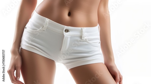 Slim woman with six pack and white shorts on white background. shot of the model waist. Slim body with cellulite or healthy, fit, muscular, underwear, guy, attractive