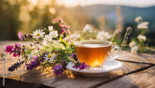 Cup of hot tea and fresh herbs. Tasty drink on wooden table. Sunset or sunrise. Natural backdrop.