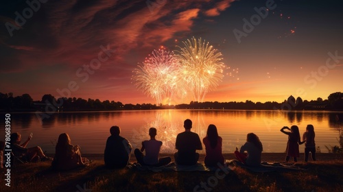 people with their backs to themselves sitting by a lake on a beautiful sunset watching fireworks in the sky of many colors