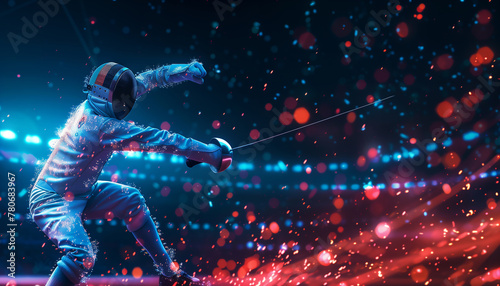 A captivating digital illustration of a fencer in action, surrounded by vibrant lights. The fencer, dressed in protective gear, lunges forward with a foil, creating dynamic motion trails.