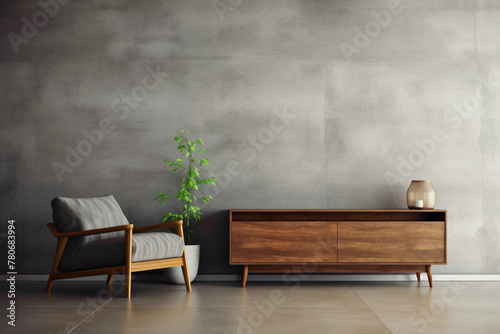 Modern living room design featuring wooden furniture and vacant poster frame on textured concrete wall.