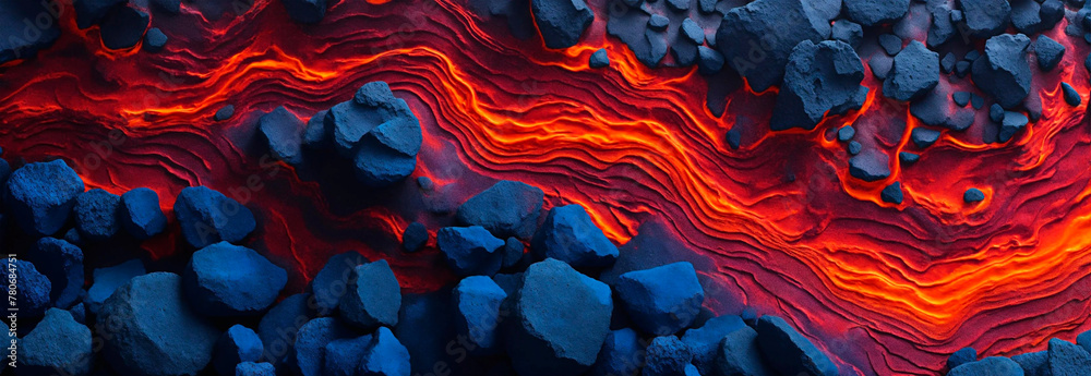 Abstract background of flowing lava in vulcanic gorund with rocks. Above view of erupting vulcanic ground. Banner format. - obrazy, fototapety, plakaty 