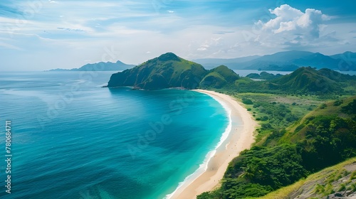 Top view of white sand beach tropical with seashore as the island in a coral reef ,blue and turquoise sea Amazing nature landscape with blue lagoon