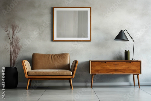Modern living room design featuring wooden furniture and vacant poster frame on textured concrete wall. © INAYAT