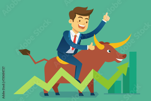 bull market investing Businessman riding a bull and green stock graph