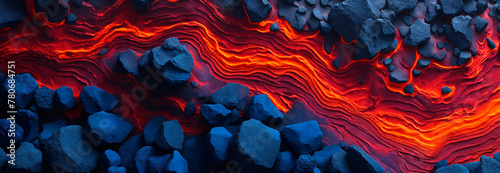 Abstract background of flowing lava in vulcanic gorund with rocks. Above view of erupting vulcanic ground. Banner format. photo
