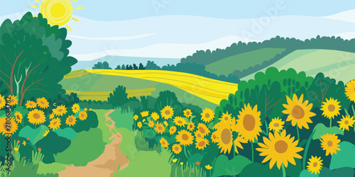 Poster, Cover, and Card Set Featuring Sunny Beach, Village, and Sea View in Europe - Flat Design Illustrations for Vacation Travel and Holiday Relaxation. Summer nature landscape