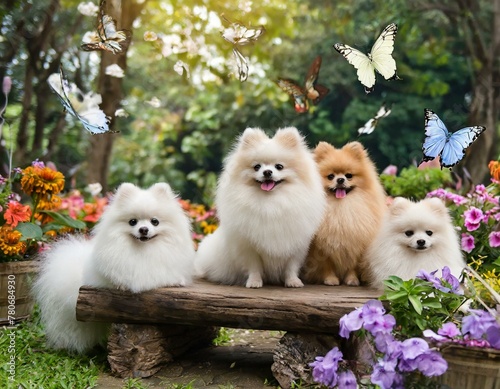 5 white pomeranian dogs in the woods photo