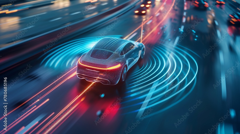 Autonomous vehicle, moving through traffic, sensors the vehicle, energy waves, futuristic. Autopilot illustration