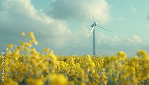 A wind turbine is standing in a field of yellow flowers by AI generated image © chartchai