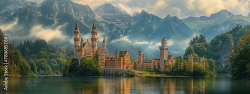 A fantastic magical castle in the mountains by the lake