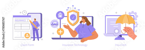 Insurance technology concept set. Collection of people using insurtech services, filling claim form online and buying digital insurance policy. Vector illustration.
