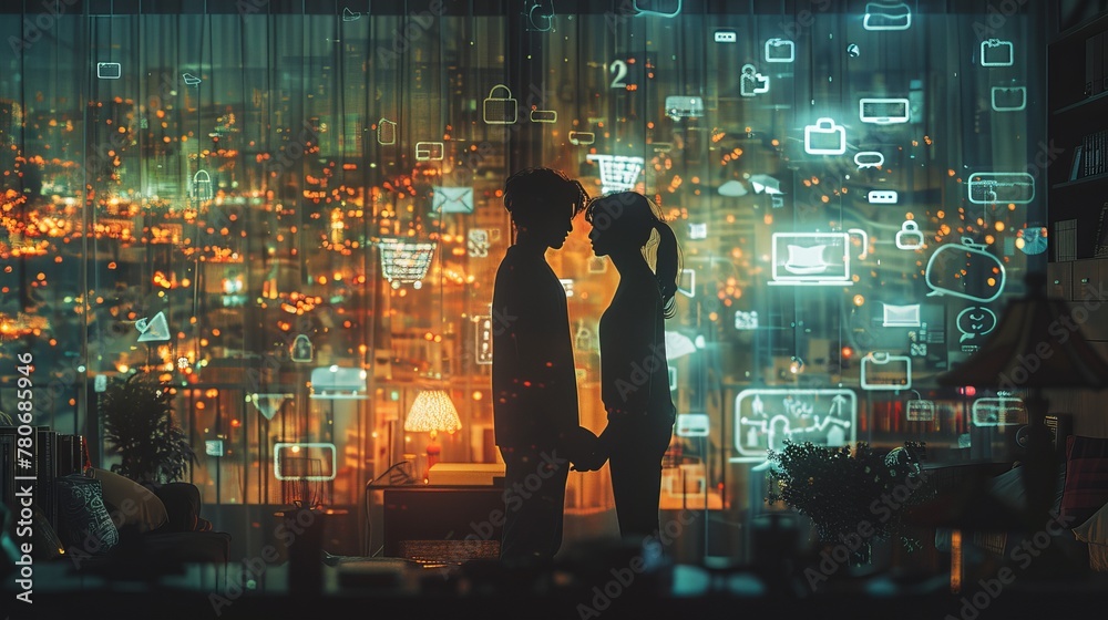 Fototapeta premium Artistic rendering of a couples silhouette against a backdrop of a digital marketplace with icons and goods floating around them