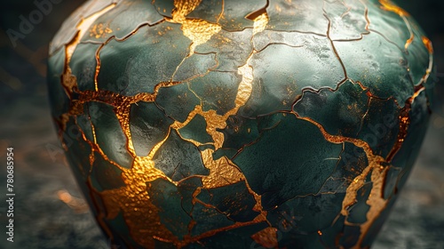 Artistic rendering of a cracked but beautiful vase with golden veins running through the cracks photo