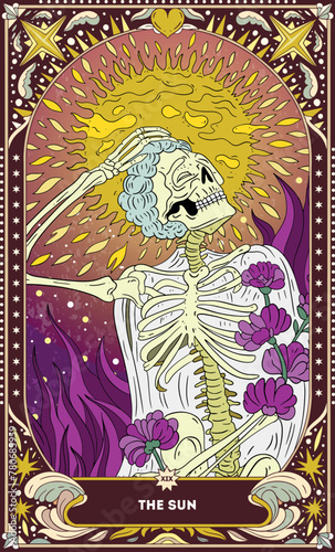 A tarot card in bohemian tones in a modern style in the form of a skeleton. Modern illustration of The Sun card, minimalistic cartoon skeleton, simple vector drawing