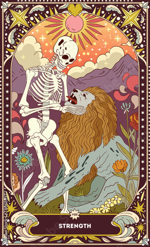 A tarot card in bohemian tones in a modern style in the form of a skeleton. Modern illustration of The Strength card, minimalistic cartoon skeleton, simple vector drawing