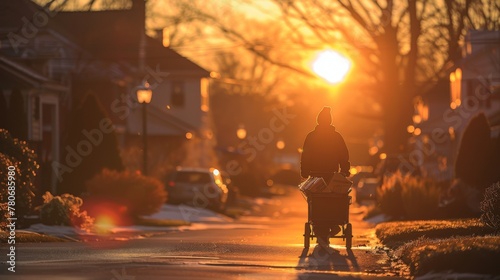 Artistic rendering of a delivery person silhouetted against the setting sun