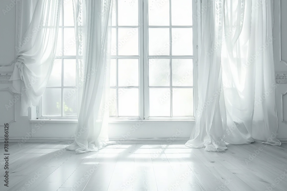 Fototapeta premium Backlit window with white curtains in empty room. generative ai.