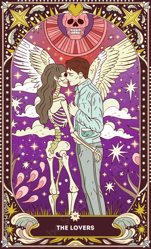 A tarot card in bohemian tones in a modern style in the form of a skeleton. Modern illustration of The Lovers card, minimalistic cartoon skeleton, simple vector drawing