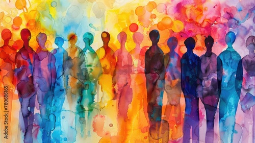 Abstract art watercolor painting showing a diverse group of people coming together. photo