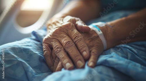 High-detail depiction of a patient undergoing chemotherapy treatment holding the hand of a loved one. The focus is on their connected hands