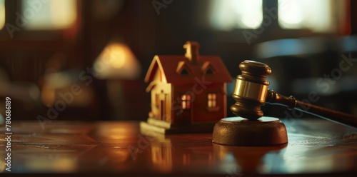 Closeup of gavel and house model on table. Generate AI image photo