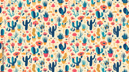 Desert blooms  vibrant cacti and flowers in seamless patterns 
