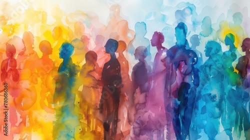 Abstract art watercolor painting showing a diverse group of people coming together. photo