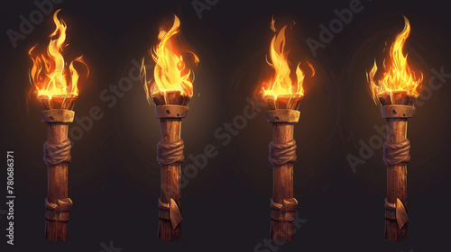 Set of Burning fire on old torch isolation, Illustration 