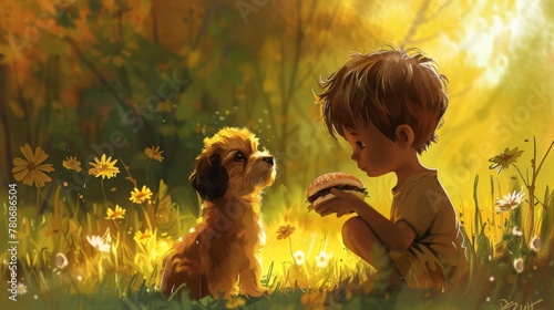 Stylized illustration of a heartwarming moment where a child gently offers a piece of their sandwich to a shy abandoned puppy in a park photo