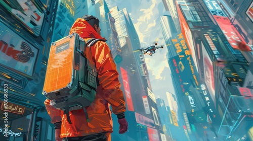 a male delivery person equipped with a futuristic backpack drone that assists in carrying and delivering packages. This image represents the potential future of delivery with advanced technology 