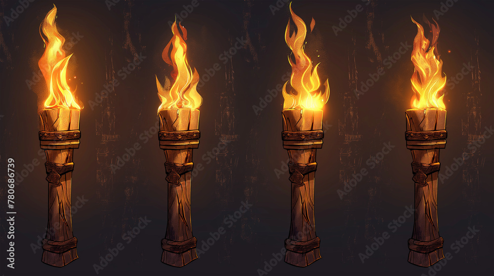 Fototapeta premium Set of Burning fire on old torch isolation, Illustration 