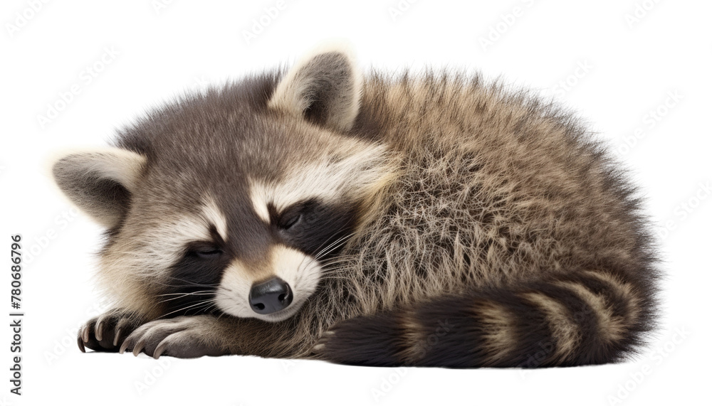 Fototapeta premium close up of a raccoon sleeping isolated on transparent background cutout