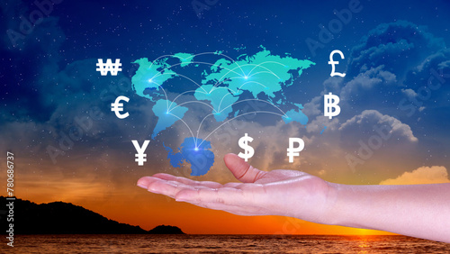Businessman holding to money transfers and currency exchanges between countries of the world, online banking interbank payment concept.