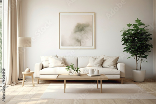 Minimalistic white frame harmonizes with beige and Scandinavian elements  providing a view of a modern living space s simplicity - plain walls  wooden floor  and a potted plant.