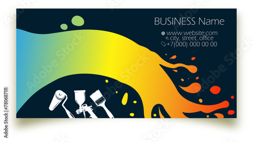 Splashes and drops of colored paint, business card for painting work