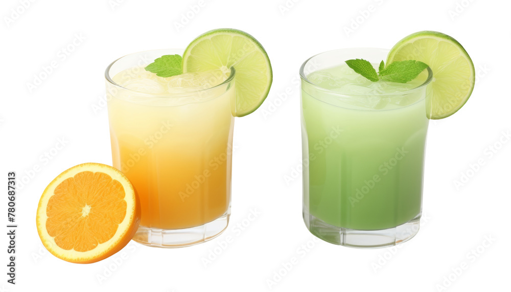 glass of orange and lemonade isolated on transparent background cutout glass of orange and lemonade isolated on transparent background cutout