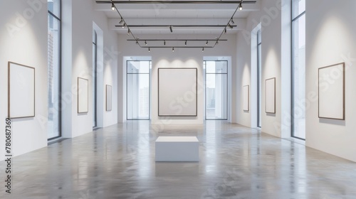 A contemporary art gallery with white walls and track lighting  featuring a mockup frame displayed on a pedestal or hanging from a wire  showcasing an artist s work in a minimalist setting