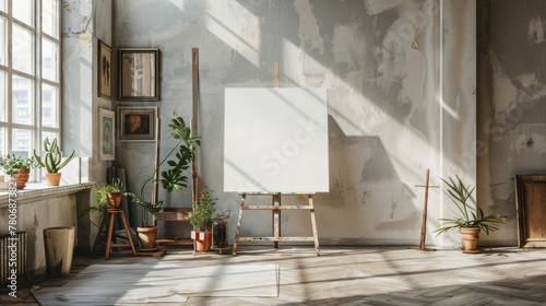A contemporary art studio with ample natural light and creative energy, featuring a mockup frame propped against an easel or leaning against a wall, showcasing works in progress or inspirational image photo