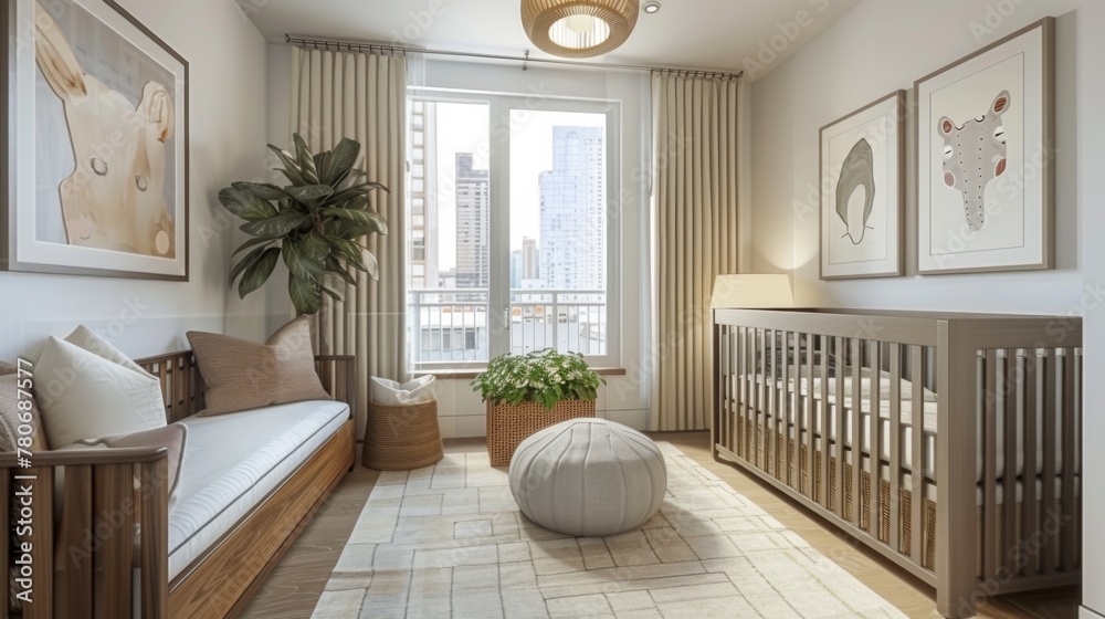A modern nursery with playful accents and soothing colors, featuring a mockup frame hanging above a crib or changing table, adding a personalized touch to the baby's room A modern nursery with playful accents and soothing colors, featuring a mockup frame hanging above a crib or changing table, adding a personalized touch to the baby's room