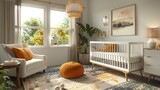 A modern nursery with playful accents and soothing colors, featuring a mockup frame hanging above a crib or changing table, adding a personalized touch to the baby's room