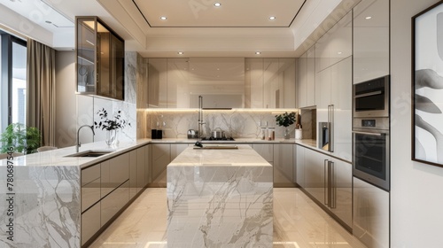 A modern kitchen with sleek appliances and marble countertops, featuring a mockup frame displayed on a backsplash or floating shelf, adding visual interest to the culinary hub of the home.