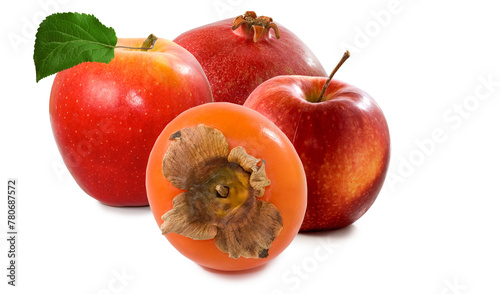 A set of fruits consisting of two apples, persimmons and pomegranates on a white background
