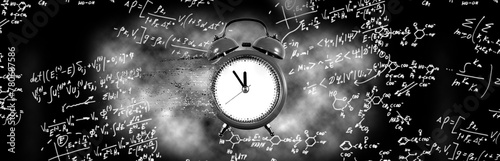 image of a clock with particles coming off it against the background of various mathematical expressions