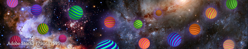 image of many multi-colored balls against the backdrop of a cosmic landscape.